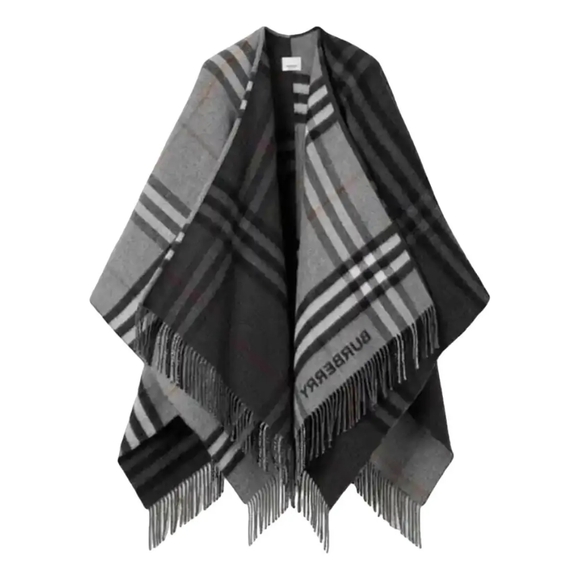 BURBERRY CONTRAST CHECK WOOL CASHMERE JACQUARD CAPE PONCHO - Picture 2 of 10